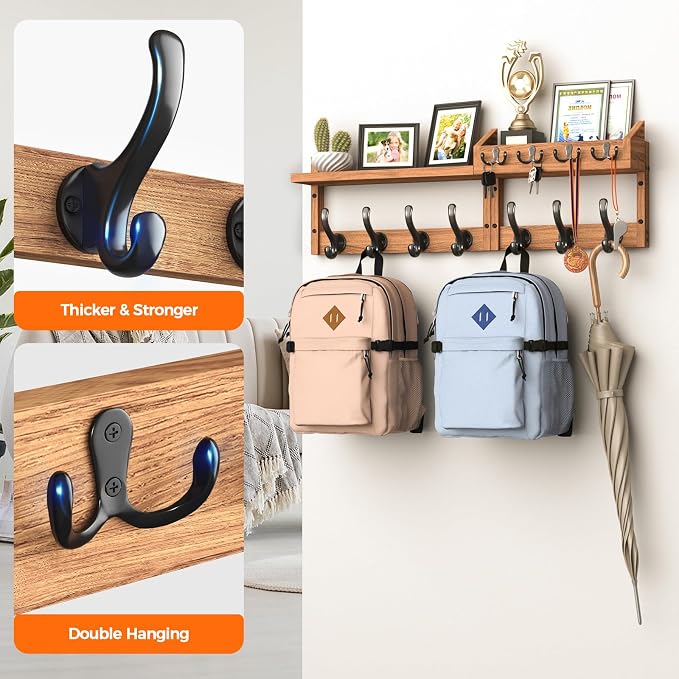 Evermagin 29" Coat Rack Wall Mount with Shelf & 11 Hooks, Entryway, Brown | 4-in-1: coat hooks, key hanger, mail holder & display shelf. Pine wood. For bedroom, hallway, mudroom, livingroom.