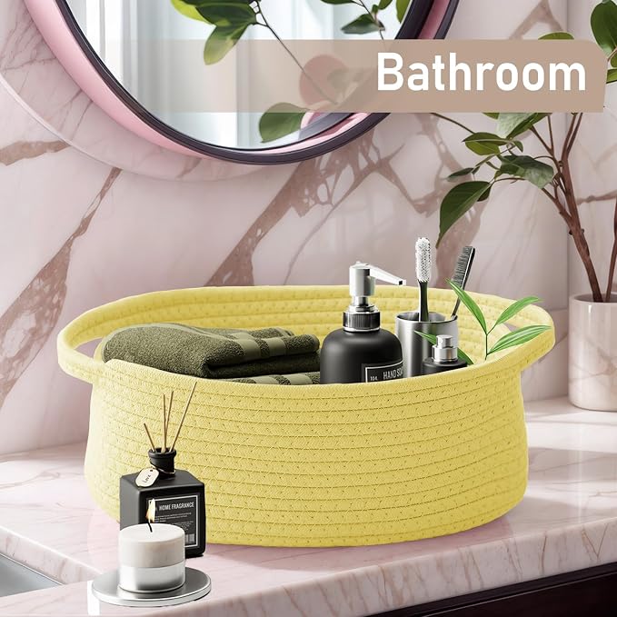 JMvicyroam Small Woven Basket, Empty Gift Basket, Yellow/2 Pack | Small Gift Basket, Cotton Rope, 12 x 8 x 40 in, Handles, Includes Ribbon and Bag, Birthday Gift Basket