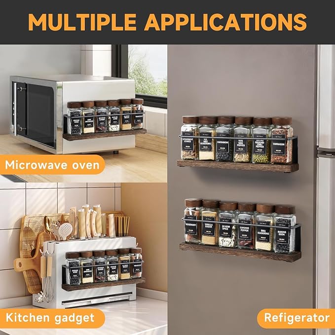 2 Pack Strong Magnetic Spice Rack Organizer for Refrigerator and Microwave Oven, Metal Fridge Shelf, Space Saver for Kitchen Organization and Storage, Black