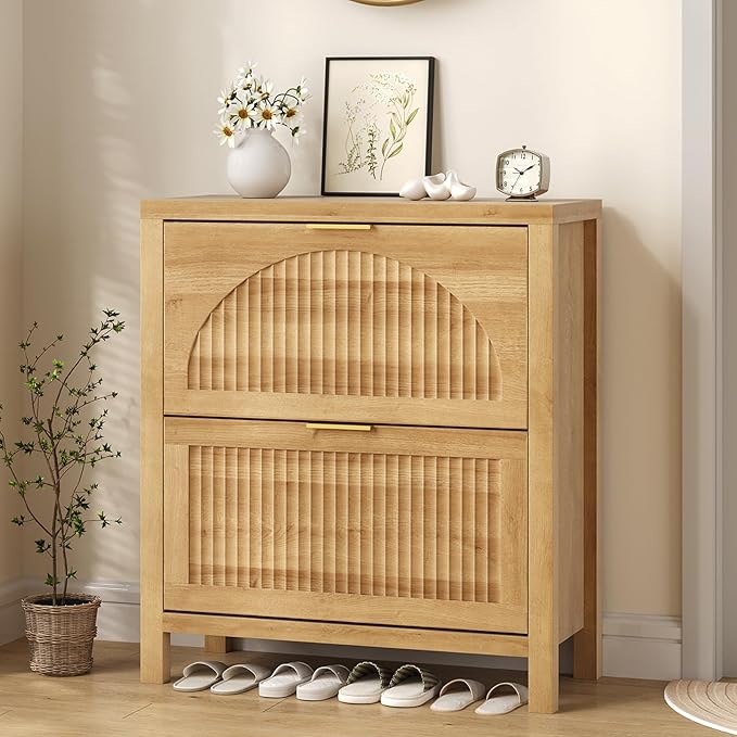 Fluted Shoe Cabinet Storage with 2 Flip Drawers for Entryway, Hallway | Hidden Shoe Rack Slim Freestanding Hidden Shoe Organizer for Foyer, Hallway, Living Room, Oak
