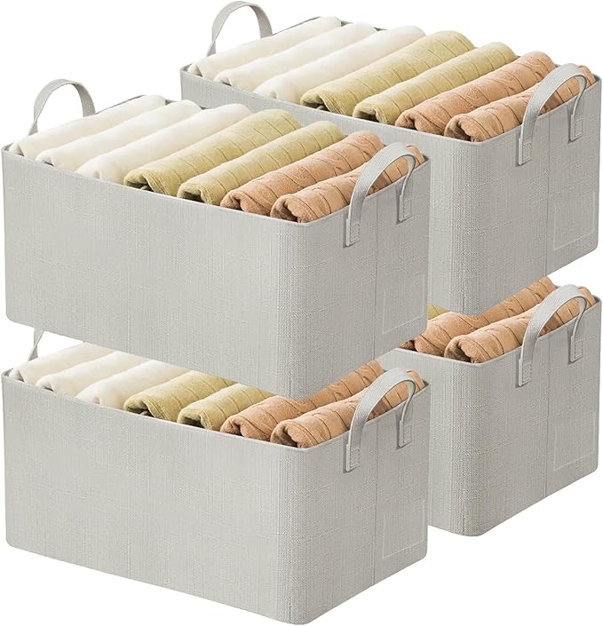 AARAINBOW 4 Pcs Closet Clothes Organizer with Handle, Fabric Storage Box with Steel Frame Stackable Shelf Storage Bins Foldable Fabric Storage Baskets for Organizing Sweater Pants, 23L (B 4 White)