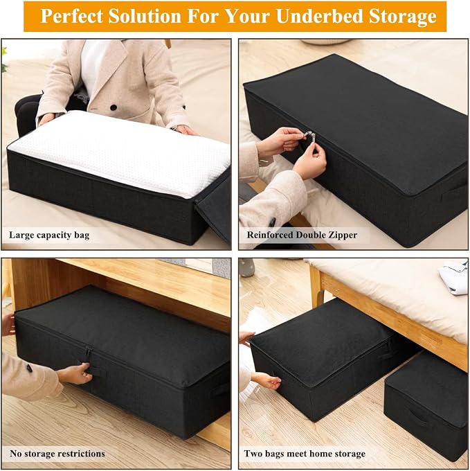 punemi Under Bed Storage Container, 2 Pack Underbed Storage Bags With Lid, Foldable Sturdy Clothes Storage Organizer W/ 3 Handles, Ultra Thick Fabric Blanket Shoe Storage Box, 30x15x6.7inch, Black | Sturdy Ultra-Thick Fabric, with Zipper Lid & 3 Handle...