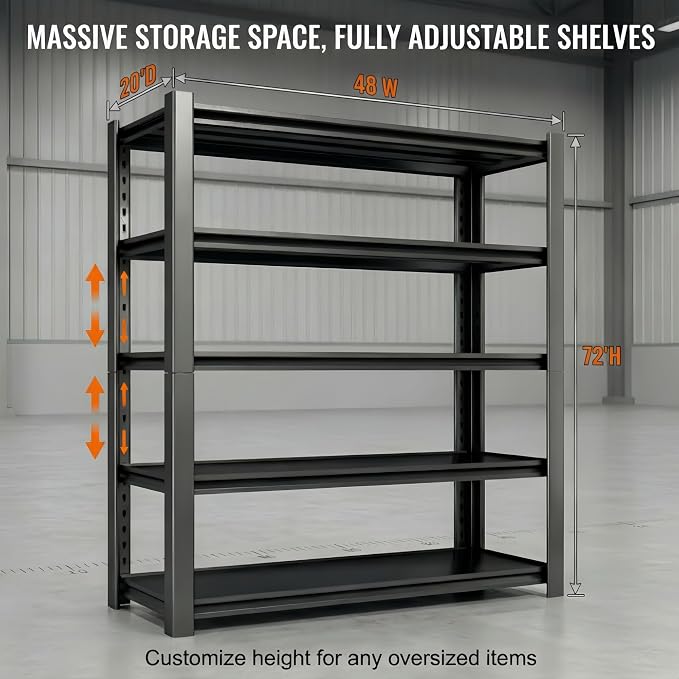 3500 LBS Storage Shelves,Garage Shelves,5-Tier Adjustable Shelving Units and storagefor Garage, Basement, Warehouse, Pantry 48" W x 20" D x 74" H,Black