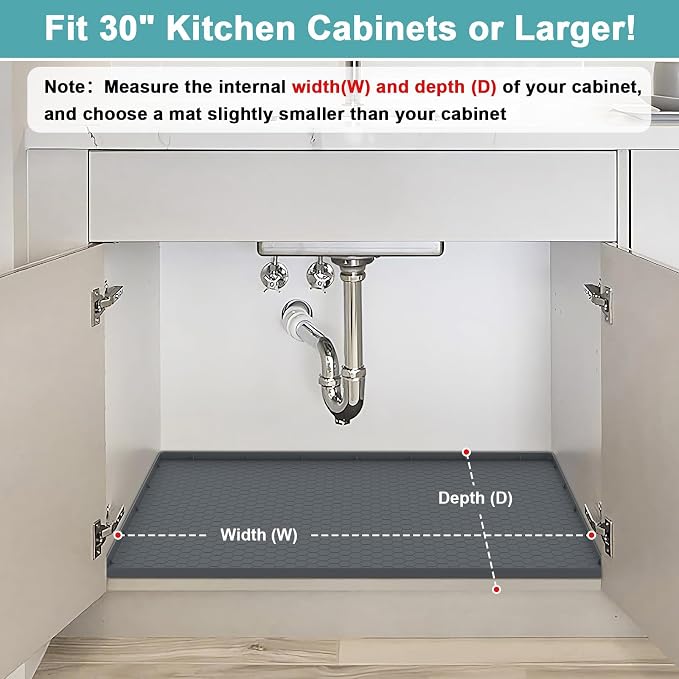 Waterproof Under Sink Mat, 28" x 19" Silicone Under Sink Mats for Kitchen, Under Kitchen Sink Mats and Protector Mat, Sink Cabinet Protector Mats for Bathroom, Gray