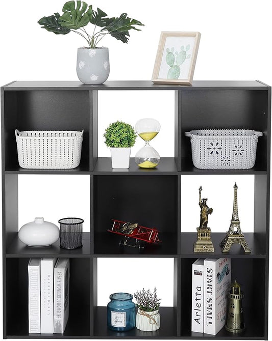 ZenStyle 9 Cube Storage Shelf Organizer, Wooden Bookshelf System Display Cube Shelves Compartments, Customizable W/ 5 Removable Back Panels (Black)