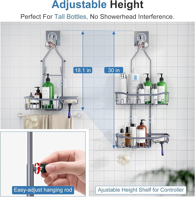 Upgraded Extended Length Shower Caddy Over Showerhead No Blocking to Showerhead, Rustproof Bathroom Organizers and Storage with Hooks Shampoo Soap Holder, Large Hanging Caddy, Grey