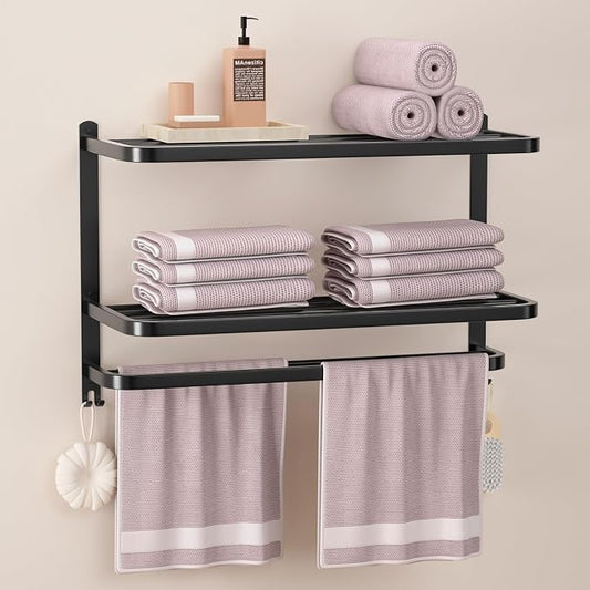 23 Inch 3-Tier Black Towel Racks for Bathroom with Towel Bars Multilayer Hotel Towel Shelf Stainless Steel Wall-Mounted Matte Finished Holder with Towel Shelves