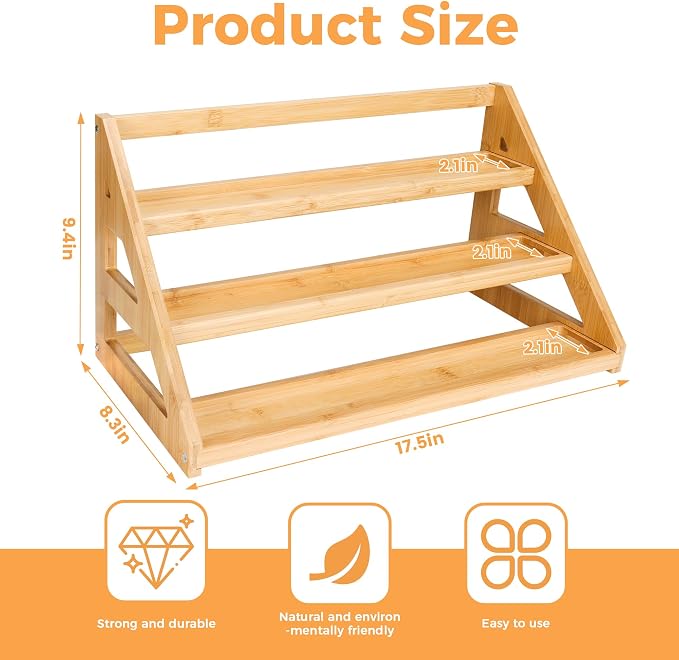 Spice Rack, Spice Organizer -3 Tier Bamboo Spice Racks, Solution for Spice Storage in Kitchens, Countertops，Storage Rooms and Other Places