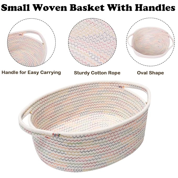 Small Woven Rope Basket,Baby Gift Basket with Bag & Ribbon | Cotton rope with handle, 12x8x5 in, gift bag and ribbon, for baby shower, birthday, toy storage, nursery, shelf decor