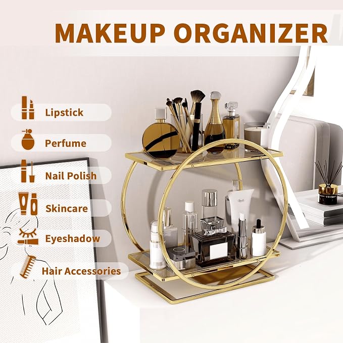 Perfume Organizer, 2-Tier Bathroom Countertop Organizer and Storage | Gold Makeup Organizer for Vanity, Counter Shelf Bathroom Accessories & Decor, Skincare Trays Perfume Holder Cosmetic Display