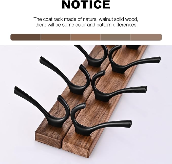 2 Pack 17.3" Small Walnut Wood Coat Rack Wall Mount with 5 Hooks, Heavy Duty Wooden Jacket Hanger Door Mounted for Decorative Entryway and Bathroom Hanging Towel Backpack Purse Clothes Hat Key