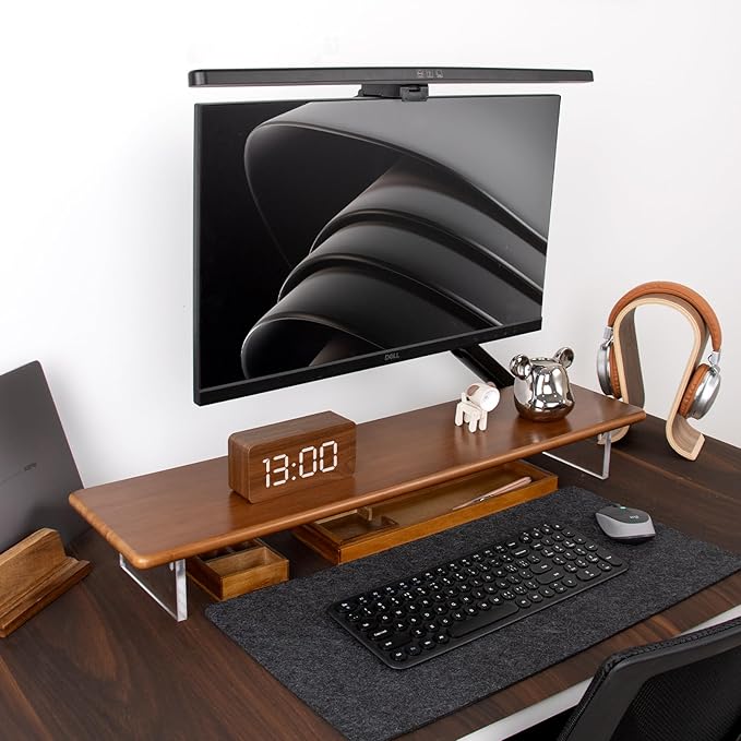Bamboo Monitor Stand Riser, Brown Desk Shelf with Acrylic Legs | 31.5-Inch Wide, 3.3-Inch Clearance, Fits Monitor, Laptop, Printer and Speakers for Small Desks