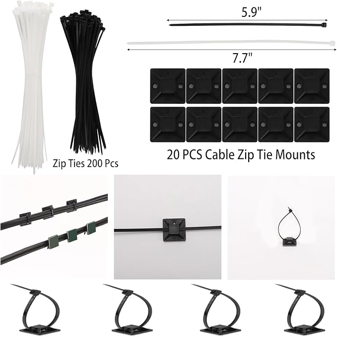 Cable Management Kit, 600+ PCS Cord Organizer Set with Cable Sleeves, Clips, Reusable Ties, Adhesive Tie Rolls & Nail Clips for Desk, TV, PC, Office & Home Wire Organization
