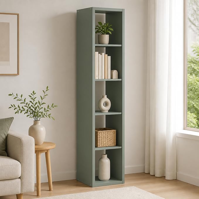 5-Cube Tall Cubicle Bookshelf, Cube Bookcase with Open Back, Reversible Book Shelf, Cube Storage Organizer, 15 x 16 x 72, for Living Room, Home Office, Sage Green