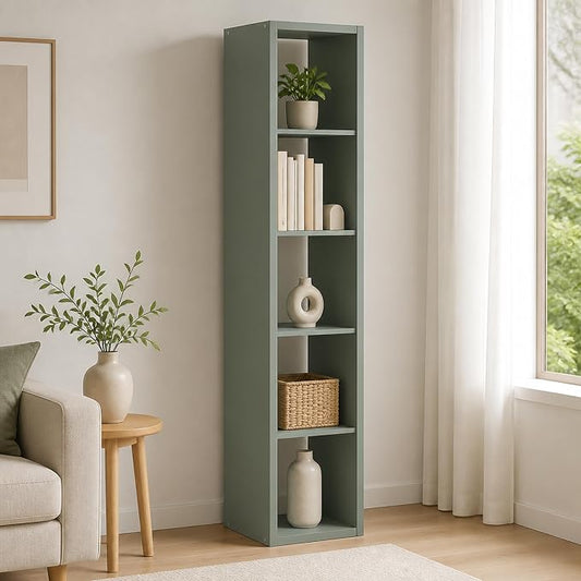 5-Cube Tall Cubicle Bookshelf, Cube Bookcase with Open Back, Reversible Book Shelf, Cube Storage Organizer, 15 x 16 x 72, for Living Room, Home Office, Sage Green