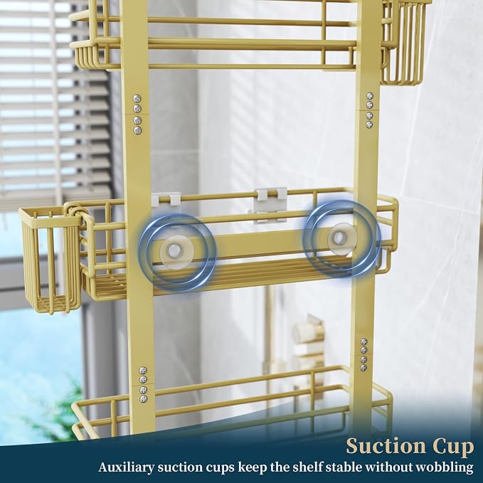 Consumest Over The Door Shower Caddy - 5 Tier Adjustable Shower Organizer Hanging with 2 Toothbrush Holders & 4 Hooks, Rustproof Organizer Shelf, Storage Rack for Bathroom, Gold