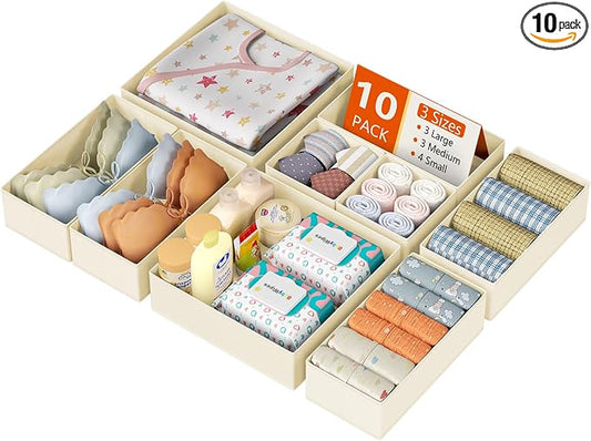 DIMJ Drawer Organizer Clothes 10 Pack - Foldable Baby Organizers and Storage & Dresser Organizer for Bedroom, Closet - Nursery Organization Dresser Dividers for underwear, Sock,Bra, Belt, Tie, Beige