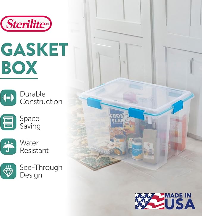 Sterilite Gasket Storage Box with Lids for Home & Office, 80 Quart, 12-Pack | Heavy-Duty, Stackable, and Organizing Containers for Bathroom, Cabinet, Closet, and Garage, Clear and Blue Aquarium Latches