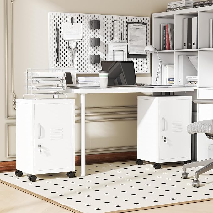 PAOFIN Metal Locker Cabinet,Under Desk Metal Vertical Filing Cabinets with Shelf and Wheels for Home Office Organizer Letters, Employees, White (Required Assembly)