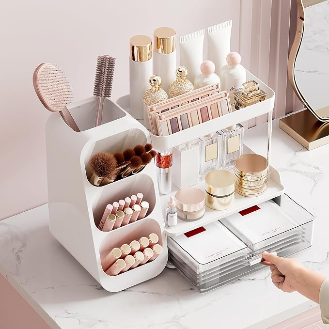 UFORU Makeup Organizer Countertop with Brush Holder for Vanity Bathroom | 3 Tiers Design, Large Capacity, Thickened Plastic, Detachable Brush Holder, Clear Drawer, Quick Access, Space-Saving