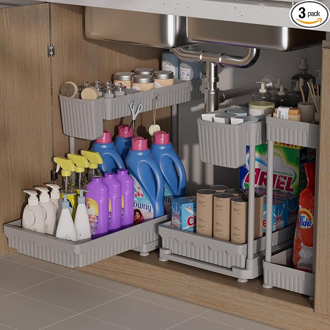 Sevenblue 3-Pack 2-Tier L-Shaped Under Sink Organizers with Sliding Drawers | Multi-use kitchen & bathroom storage, 12.85 inch grey cabinet organizer, space-saving sliding drawer design.