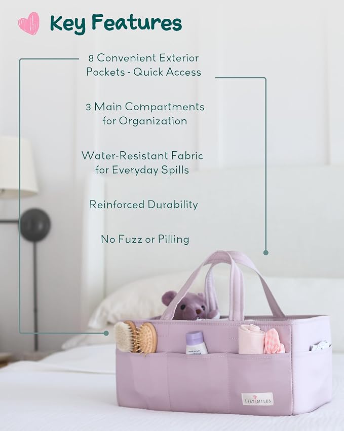 Baby Diaper Caddy Organizer, Wipeable Diaper Organizer Basket with 8 Pockets for Newborn Essentials, Baby Shower Gifts, Nursery Tote Bag for Changing Table or Car (Rosy Lilac, Large)