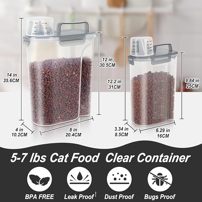 LEAWALK (3+5LBS 2Pack Cat Dog Food Storage Container Upgraded Large Nozzle BPA-free, Plastic Pet Food Containers, With 4 Sealed Clasps/1 Measuring Cup/Handle Easy Clean and Carry (Clear Grey)