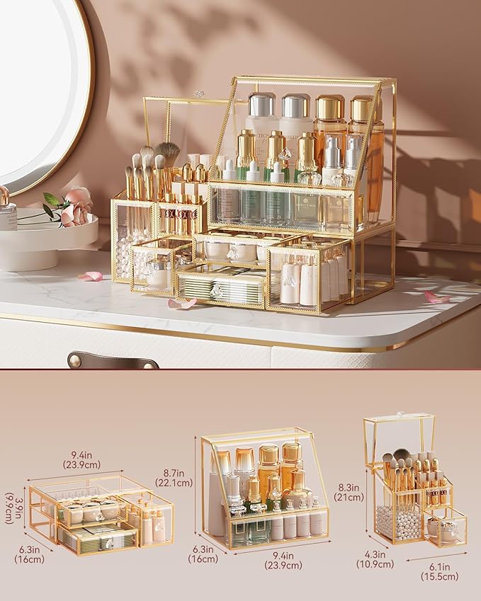 CoralHouse Glass Makeup Organizer with Brush Holder for Vanity | Clear Skincare Organizer for Vanity, Stackable, Large Capacity, for Makeup Lipstick Perfumes Brush Skincare