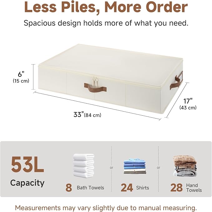 StorageWorks Underbed Storage Containers with Lids, 2-Pack 6" Low Profile Under Bed Organizers for Clothes, Bedding and Sweaters, 53L Large Fabric Storage Bins, Foldable Space Saving, Beige