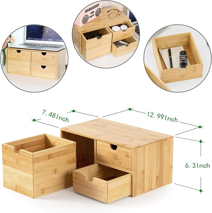 Bamboo Desk Drawer Organizer, Desktop Organizer with Drawers(3 Drawers) | 3 Drawers Open Top Tray Fully Assembled Stores Pens, Notes, Makeup, Jewelry & Toiletries for Office, Vanity & Bath