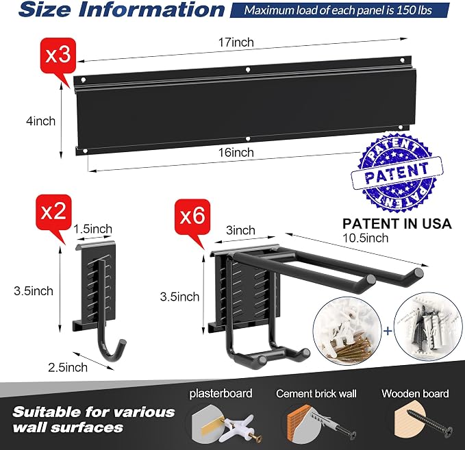 Garage Wall Organizer, Heavy Duty Tool Hangers for Garage Wall with 8 Double Hooks & 3 Rails, Tool Organizer Wall Mount, Garage Hanging Storage Rack for Shovel, Rake, Broom and Ski Gear