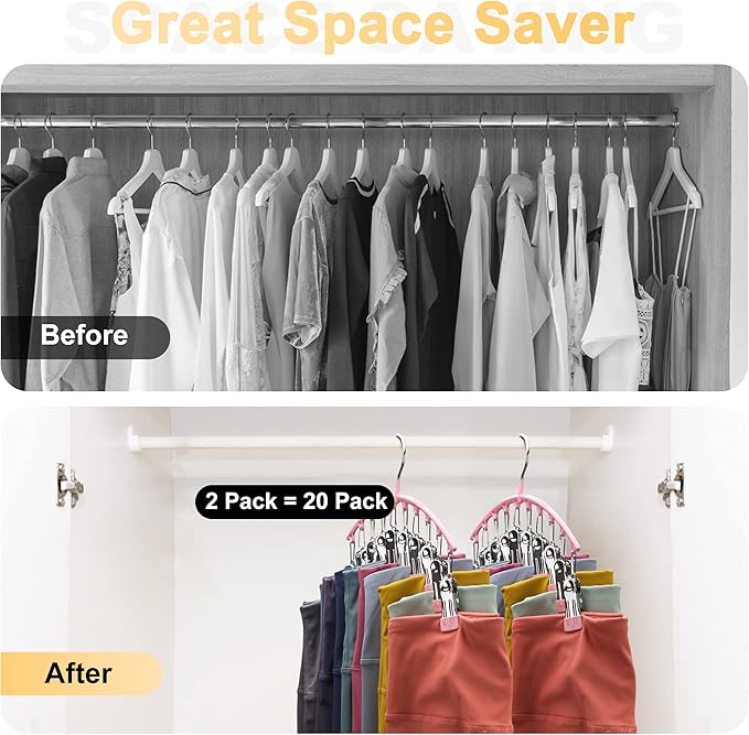 Legging Organizer for Closet, Metal Yoga Pants Hangers 2 Pack w/10 Clips Holds 20 Leggings, Space Saving Hanging Closet Organizer w/Rubber Coated Closet Organizers and Storage, Pink