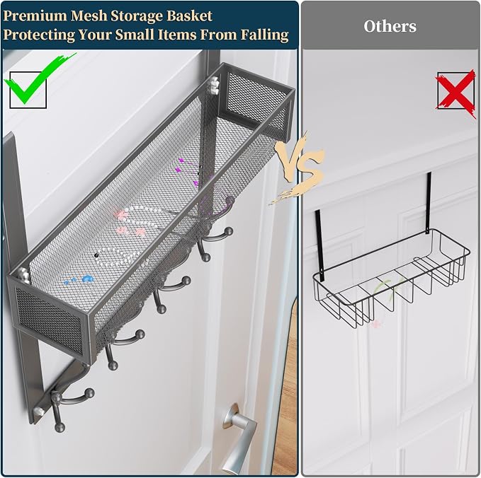 Consumest Over The Door Hooks Organizer - 2 Tier Over Door Hanger with 16 Hooks & 2 Baskets for Hanging Coat, Clothing, Towel, Back Storage for Bathroom, Closet, College Dorm, Grey