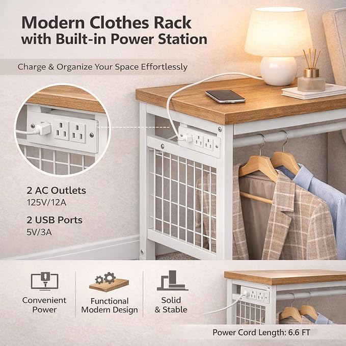 Simple Deluxe Storage Clothes Rack with 6 Drawers, Charging Station & LED Lights, Fabric Chest Shelves Clothing Rack, Wooden Portable Wardrobe Closet, 49.2" W x 15.7" D x 47.2" H, Brown