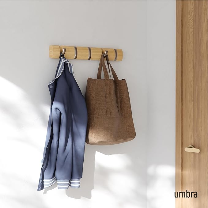 Umbra Flip 5 Wall Mounted Hook | Real wood and steel build, retractable hooks fold flat, holds coats bags and scarves, easy install
