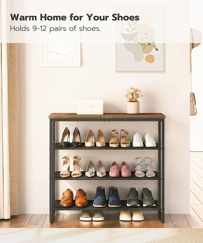 HOOBRO Shoe Rack, 4 Tier Shoe Storage Organizer with 3 Oxford Fabric Shelves and Top Panel, Holds 12-16 Pairs of Shoes for Entryway and Closet, Industrial, Rustic Brown BF47XJ01G1