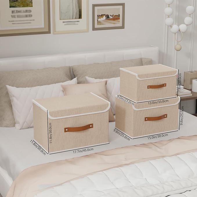 Yawinhe Storage Bins with Lids,Beige,17.7x11.8x11.8in,3-Pack | Fabric Container with Leather Handle,Washable Home Basket, Clothes Blanket Storage Boxes,Collapsible Closet Organizer