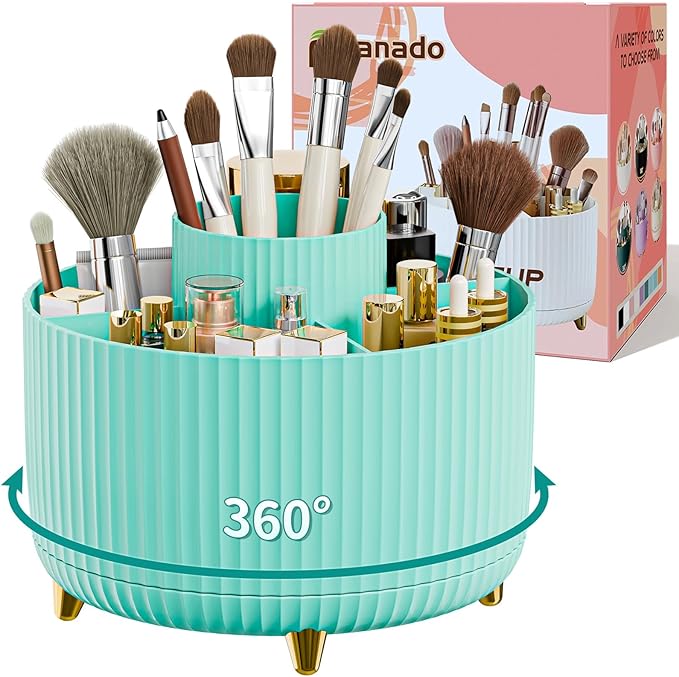 fanado 360° Rotate Makeup Brush Holder Organizer, Makeup Organizers Countertop, Makeup organization and Skincare Storage for Vanity, Desktop, Bathroom (Mint Green)
