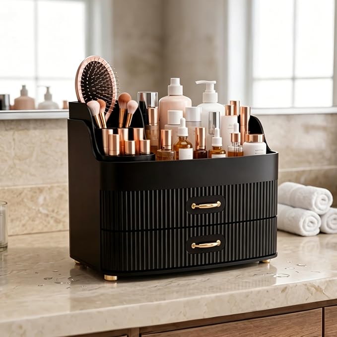 Makeup Organizer for Countertop Vanity Skincare Storage for Perfume Lipstick Bathroom Dresser Desk with Drawers And Brush Holder (Black)