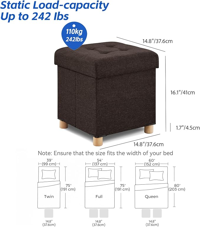 BRIAN & DANY Ottoman with Storage, Square Small Storage Ottoman Foot Rest with Legs, Ottomans Foot Stool for Dorm, Living Room, Entryway 14.8"x14.8"x17.8" (Brown)