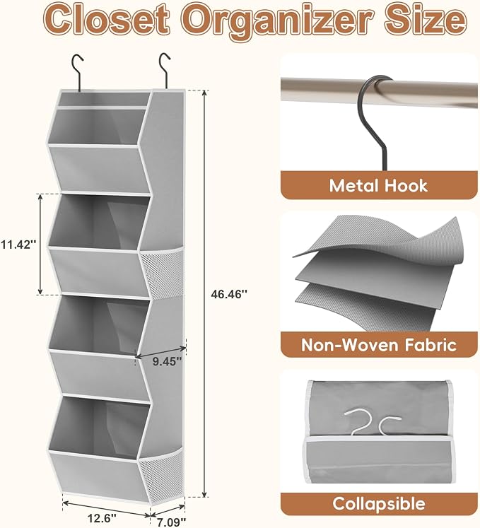 Wawocs 4 Shelf Hanging Closet Organizers and Storage for Kids 2 Packs, Grey | Hanging Shelves for Closet Organization, Hanging Closet Storage for Wardrobe Organizer, Closet Hanging Organizer for Bedroom