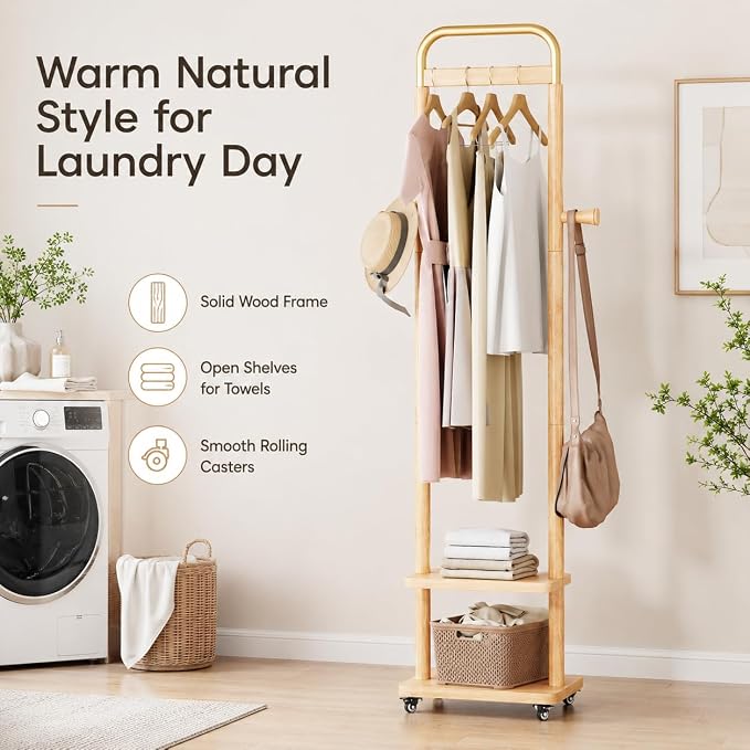 Solid Rubberwood Coat Rack – 71.2" Tall Standing Rack with Locking Wheels, 2-Tier Shelves & Side Hooks, Slim Hall Tree for Entryway or Bedroom (Natural Wood 15.7" W x 71.2" H)