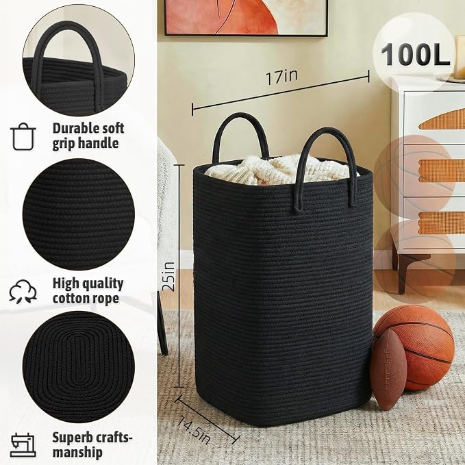 Artfeel Laundry Basket,Woven Cotton Rope Laundry Hamper,100L Versatile Storage for Dirty Clothes,Baby Toys,and Blankets in Bathroom, Nursery,and Living Room