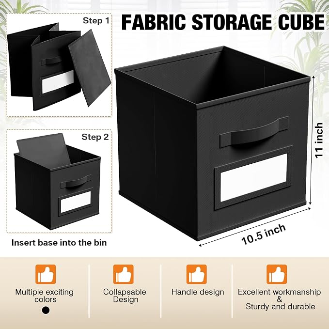 Teenyyou 10 Pack Fabric Storage Cubes 11 Inch Collapsible Cube Bins with Label Window & Handle Foldable Organizers Baskets for Shelf Closet Nursery Kids Room Clothes Book Toy(Black)