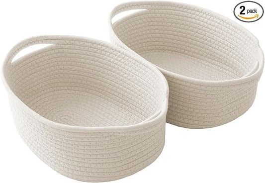 JMvicyroam Small Woven Basket, Empty Gift Basket, White/2 Pack | Small Gift Basket, Cotton Rope, 12 x 8 x 7 in, Handles, Includes Ribbon and Bag, Birthday Gift Basket