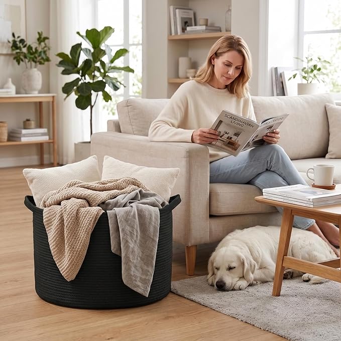 65L Large Blanket Basket,Woven Rope Laundry Basket-Black | Collapsible, reinforced handles, nursery storage bin organizes clothes, toys and pillows for living room, bedroom bathroom.