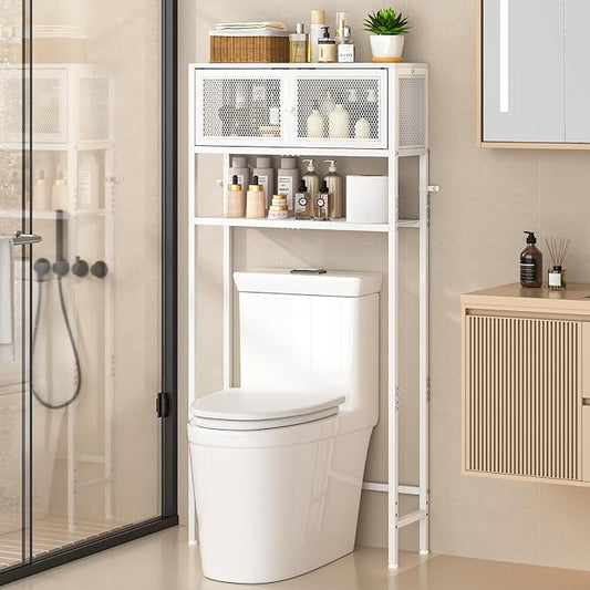 ThreeHio Over the Toilet Storage Cabinet with Doors, Bathroom Organizer Shelf Above Toilet, Bathroom Storage Cabinet Over Toilet, Freestanding Space Saver Metal Shelves for Small Space, White