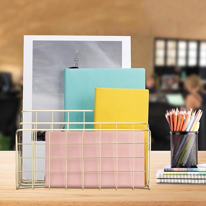 Desktop Mail Organizer File Organizer for Letters 3 Slot, Gold | Metal Wire Mail Sorter Letter Organizer Magazine Rack for Mails, Books, Postcards, Brochures, Mail Holder