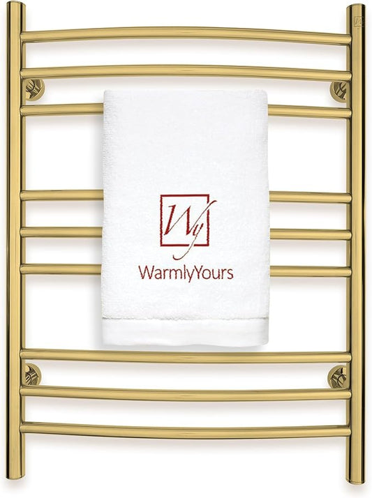 WarmlyYours Riviera Heated Towel Rack, 9 Bars, Polished Gold | Wall-mounted electric towel warmer, 150W, heated bars, dual connection for hardwired or plug-in installation