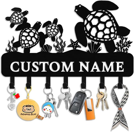 Personalized Key Holder for Wall, Sea Turtle Custom Key Hooks | Sea turtle key organizer, metal key rack for beach house decor, coastal wall hooks, ocean lover and entryway decor